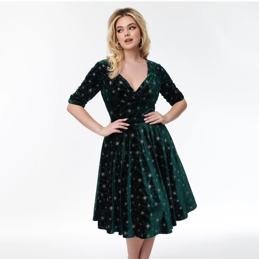 Unique Vintage Emerald Velvet & Starburst Delores Swing Dress
